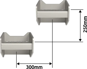 Zwei Steigeisen Berlin 122 GS, übereinander mit einem Abstand von 250 mm und nebeneinander mit einem Abstand von 300 mm, angeordnet.